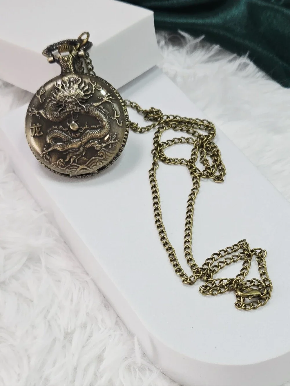 Lucky Chinese Dragon Pocket Watch Necklace Bronze Steampunk Fantasy D&D Gift